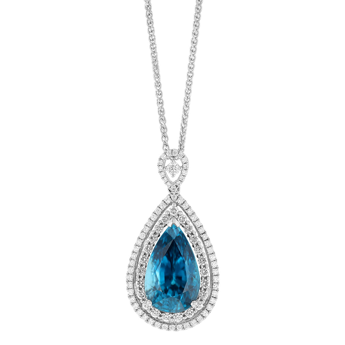 Pear Shaped Zircon Pendant with Double Diamond Halo & Bail in White Gold, 18