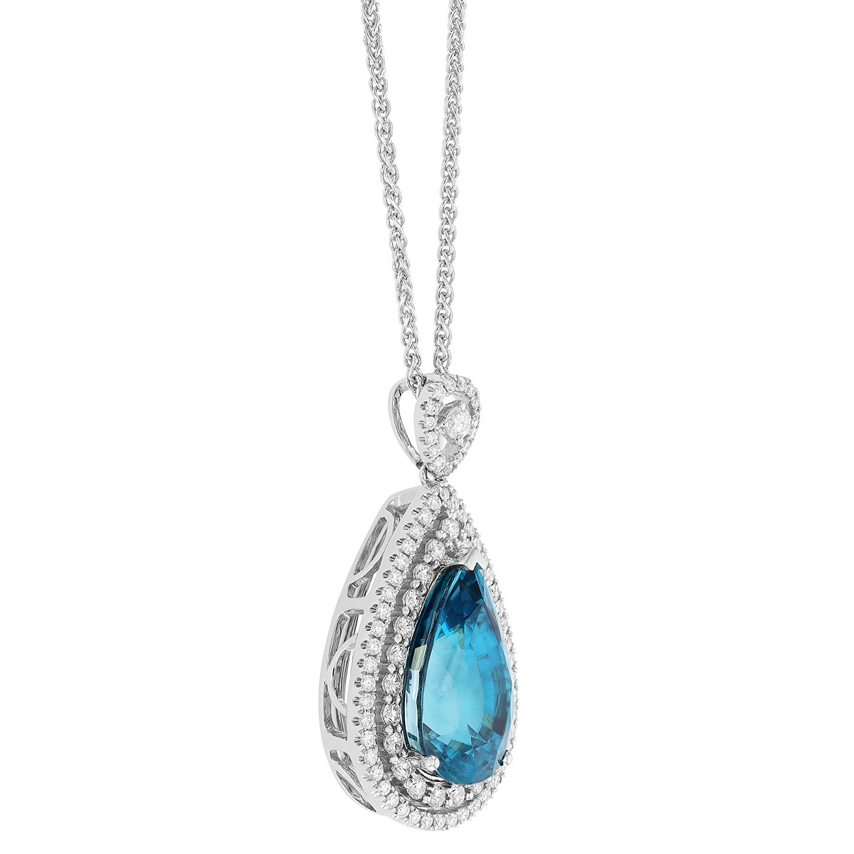 Pear Shaped Zircon Pendant with Double Diamond Halo & Bail in White Gold, 18