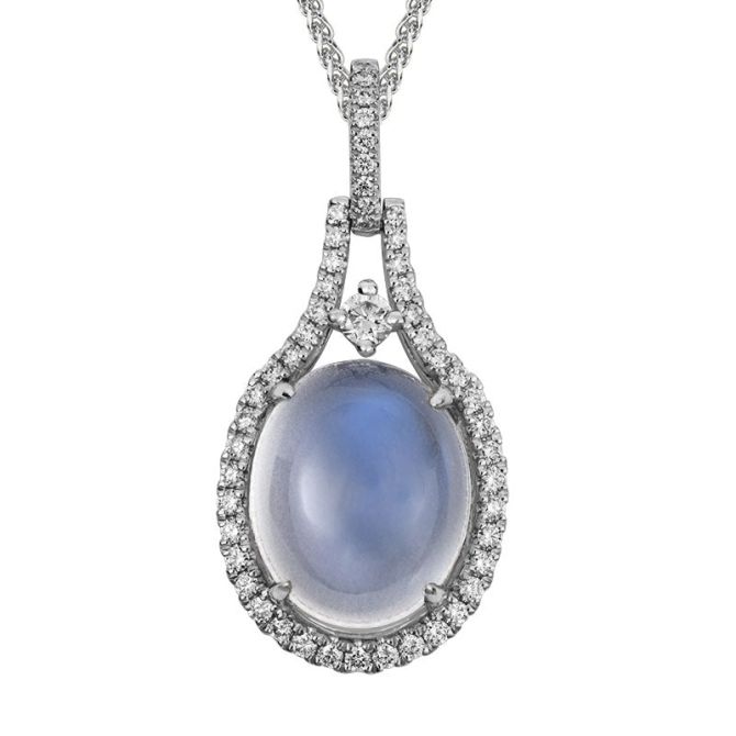 Oval Cabochon Moonstone & Diamond Halo Pendant in White Gold, 18"