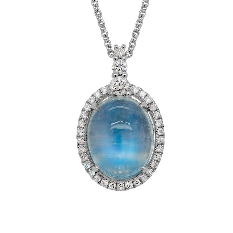 Oval Cabochon Moonstone & Diamond Halo Pendant in White Gold, 18