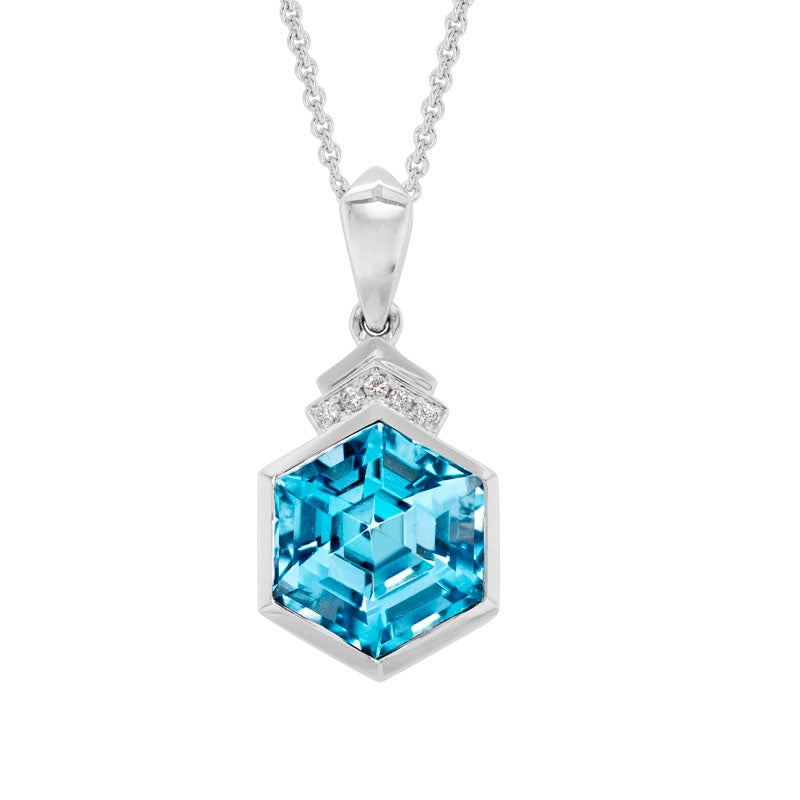 Hexagon Topaz & Diamond Pendant in White Gold