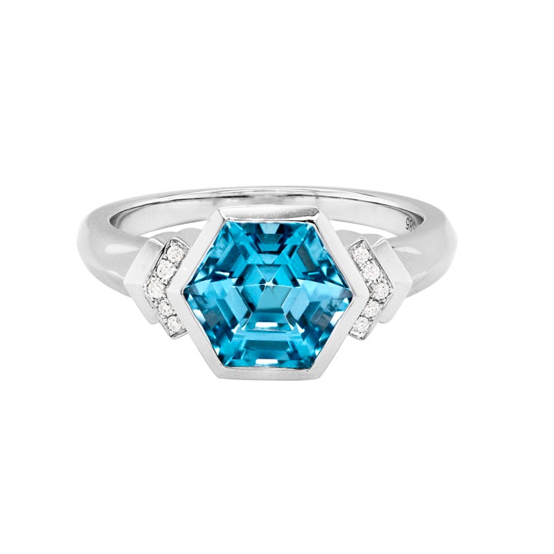 Hexagon Topaz & Diamond Side Stone Ring in White Gold