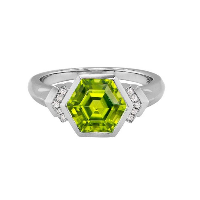 Hexagon Peridot & Diamond Side Stone Ring in White Gold