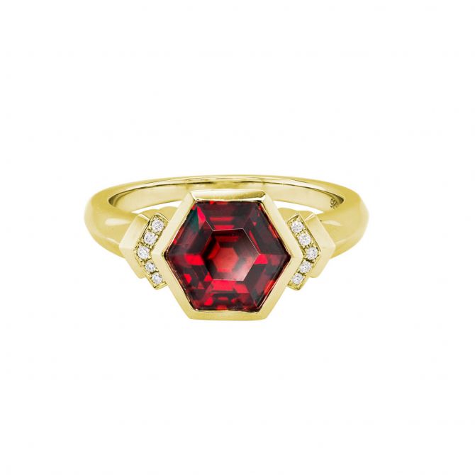 Hexagon Garnet & Diamond Side Stone Ring in Yellow Gold