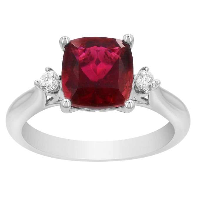 Cushion Cut Pink Tourmaline & Diamond 3 Stone Ring in White Gold