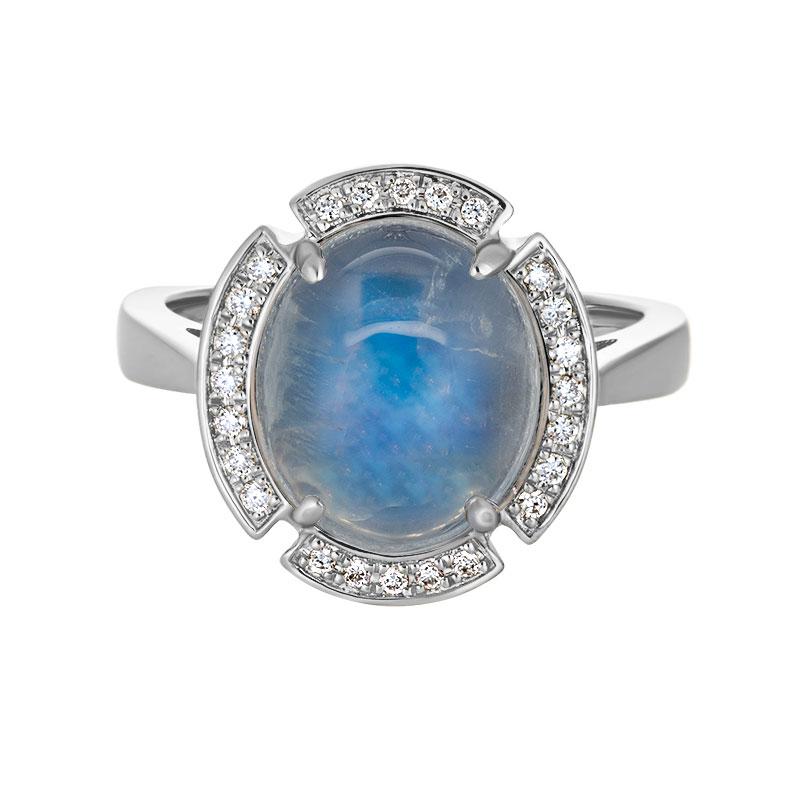 Oval Cabochon Moonstone & Diamond Split Halo Ring in White Gold