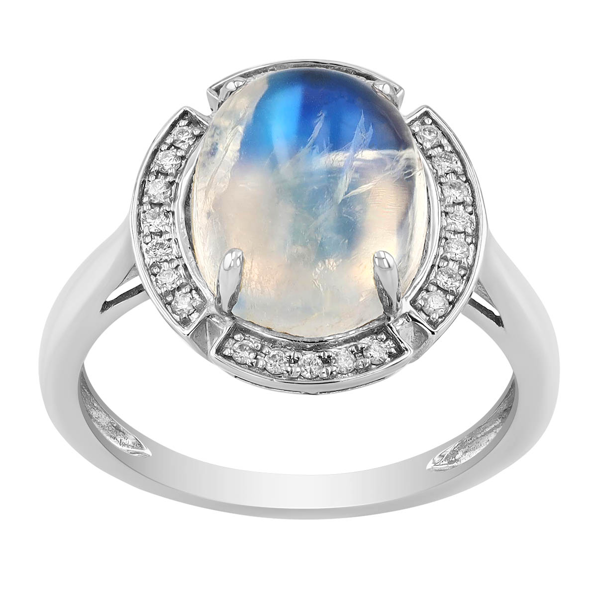 Oval Cabochon Moonstone & Diamond Split Halo Ring in White Gold
