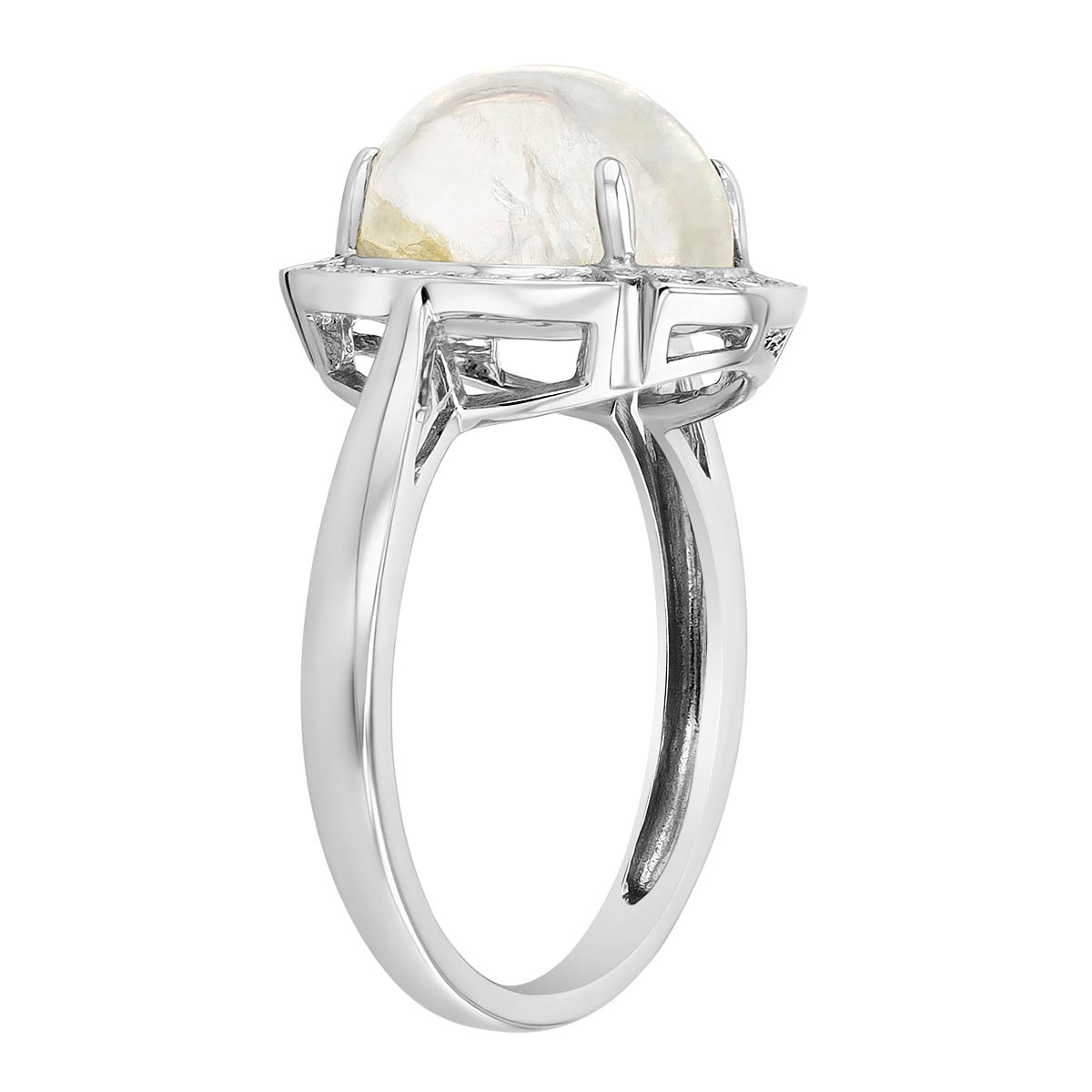 Oval Cabochon Moonstone & Diamond Split Halo Ring in White Gold