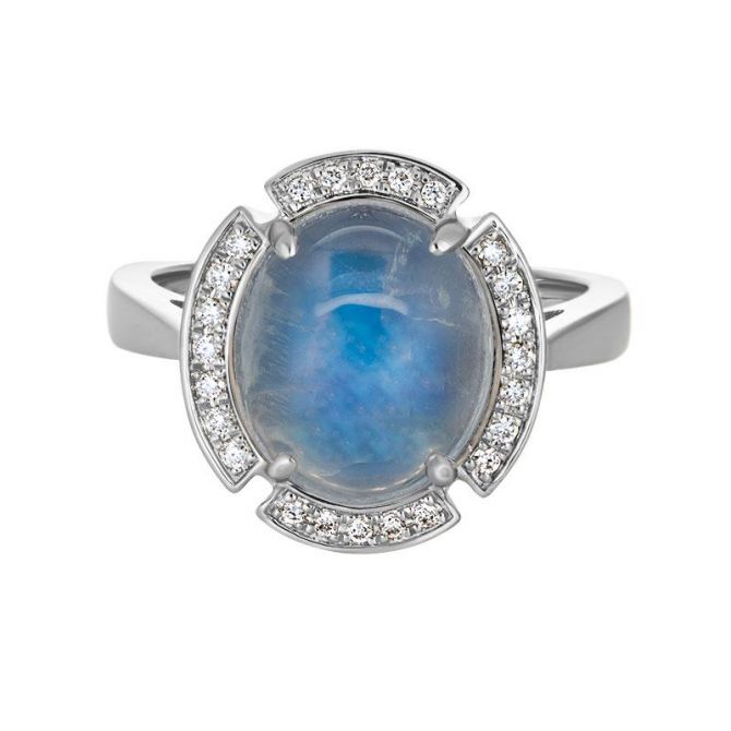 Oval Cabochon Moonstone & Diamond Split Halo Ring in White Gold