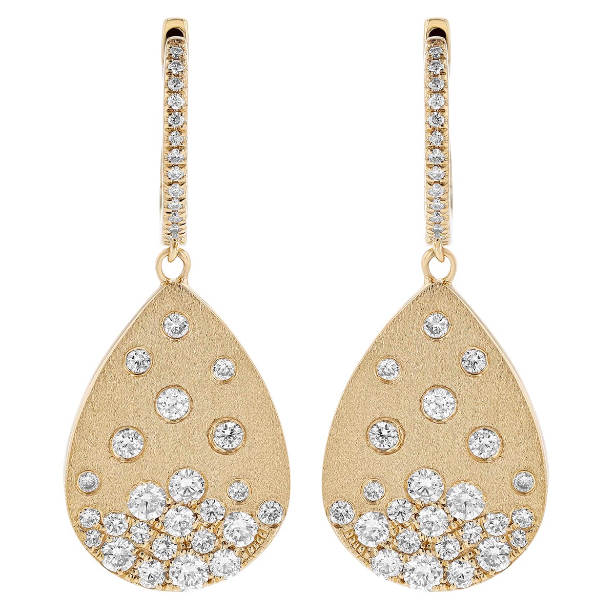 Diamond Flush Set Scatter Hoop Teardrop Dangle Earrings in Yellow Gold