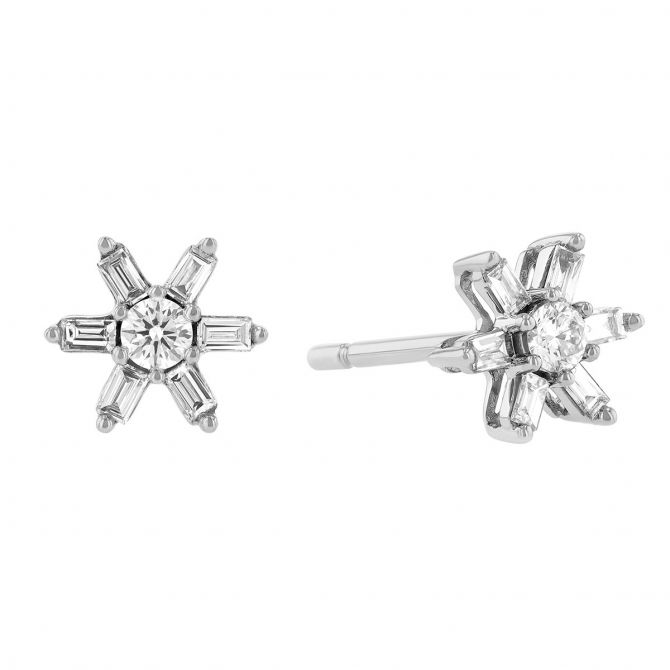 Round Baguette Diamond Star Stud Earrings in White Gold Borsheims