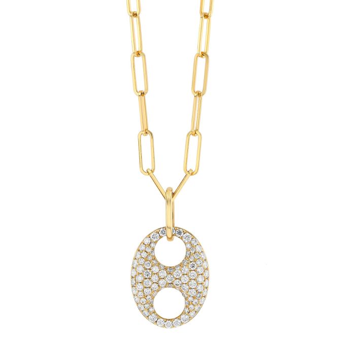 Diamond Pavé Puff Marnier Single Link Pendant Necklace in Yellow Gold, 18"