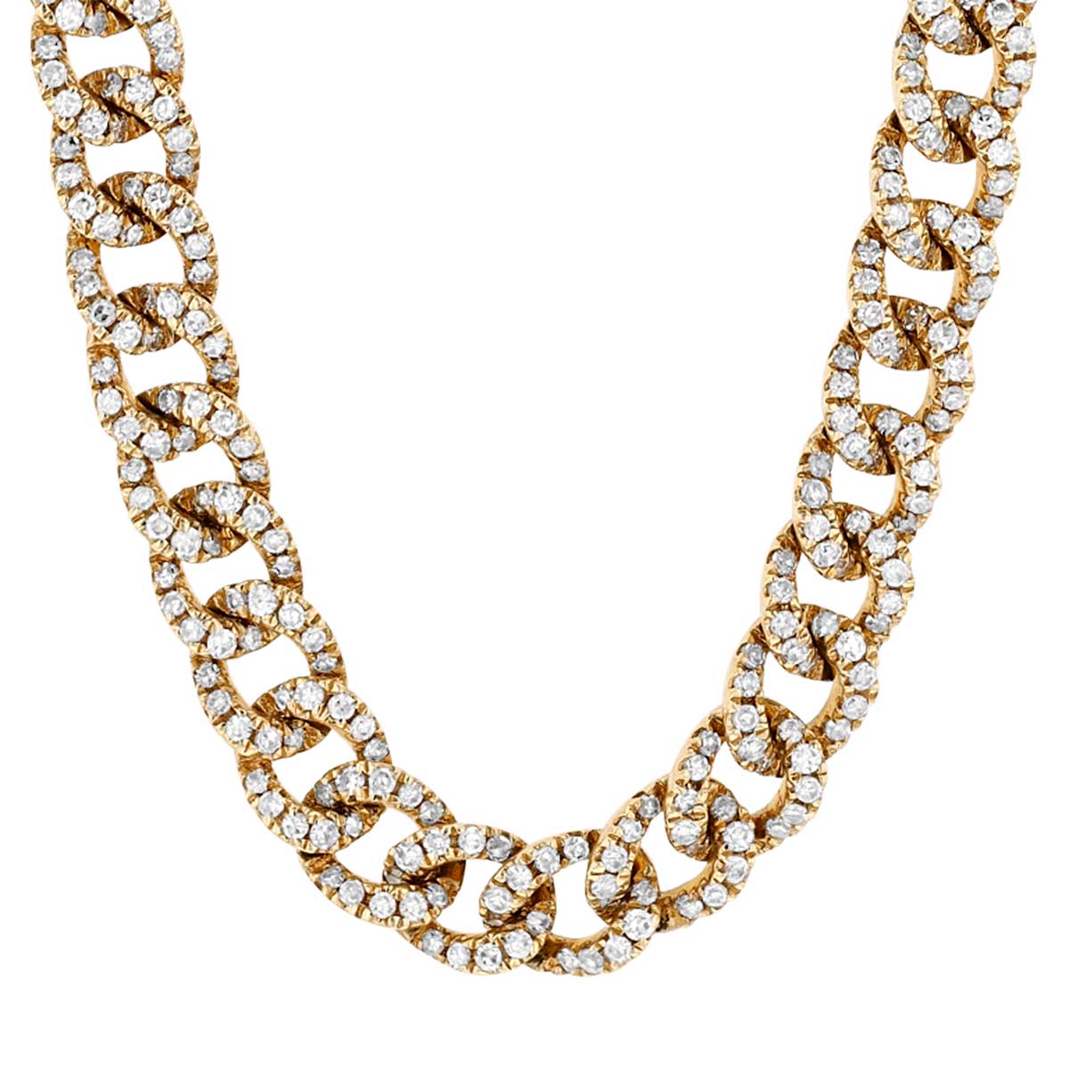 Diamond Pavé Curb Chain Link Necklace in Yellow Gold, 14