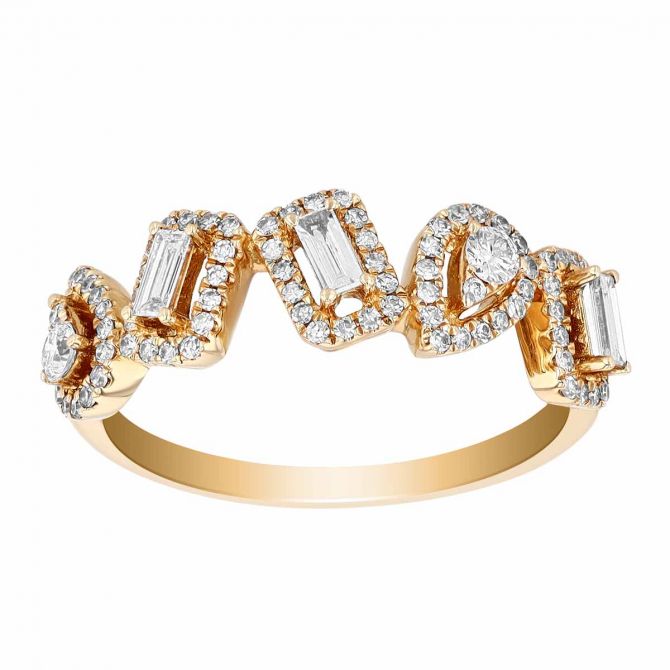 Round & Baguette Diamond Mixed Shape Ring in Yellow Gold