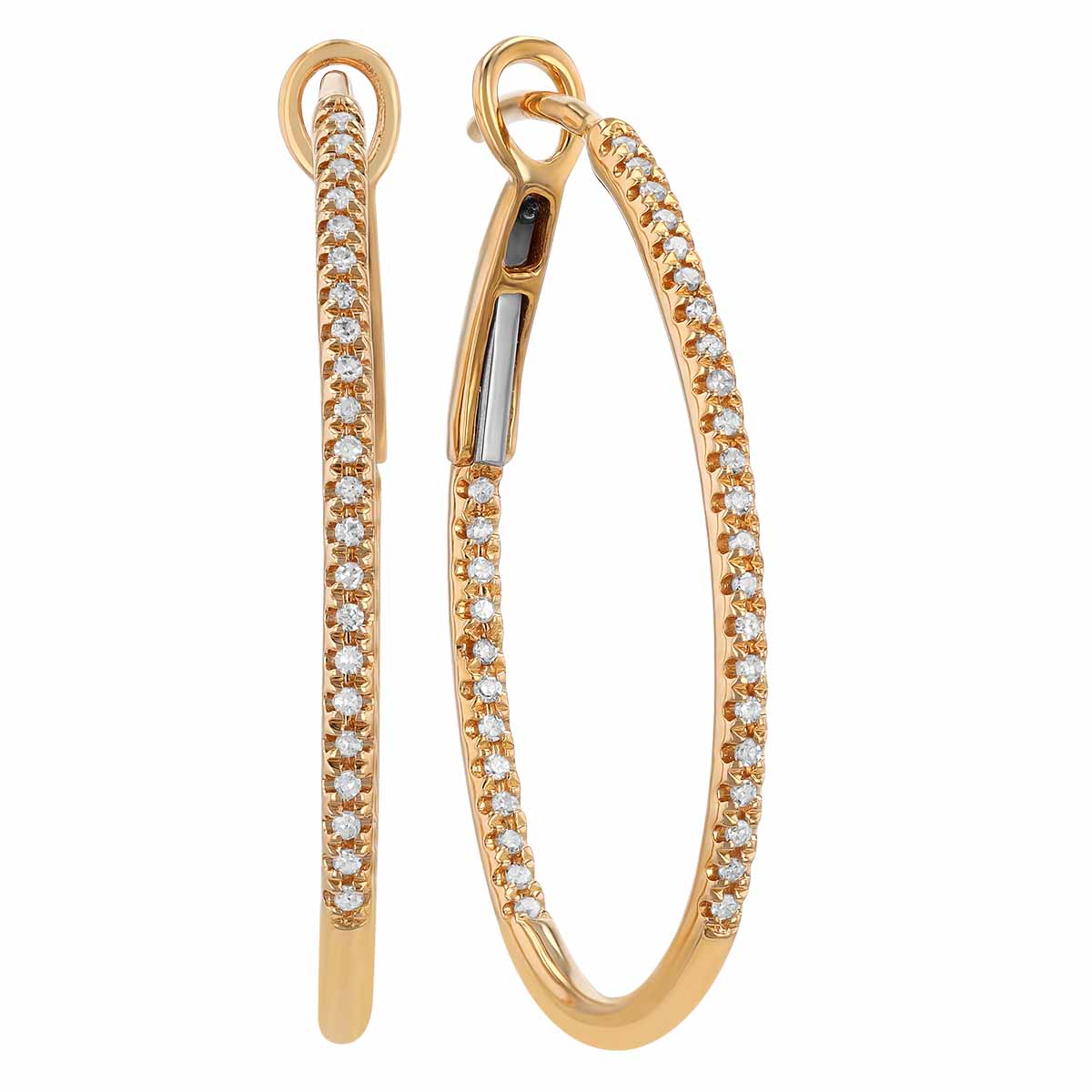 Diamond In & Out Oval Hoop Earrings in Yellow Gold, 26 mm, 0.22 cttw