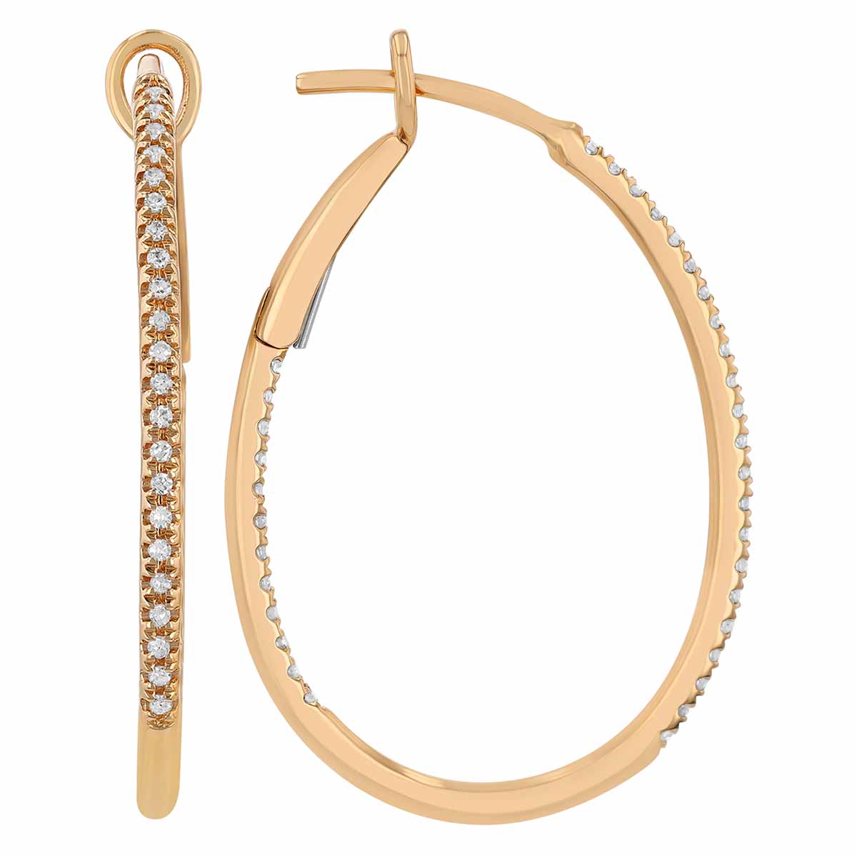 Diamond In & Out Oval Hoop Earrings in Yellow Gold, 26 mm, 0.22 cttw