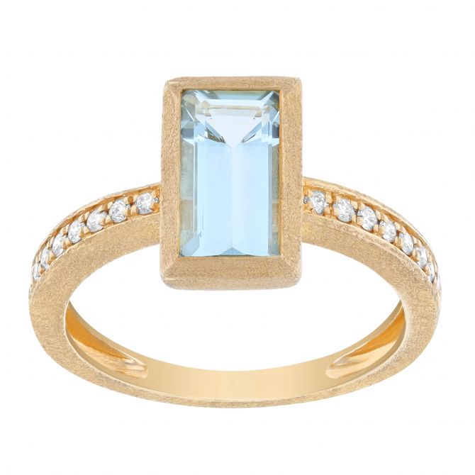 Straight Baguette Aquamarine & Diamond Ring in Yellow Gold