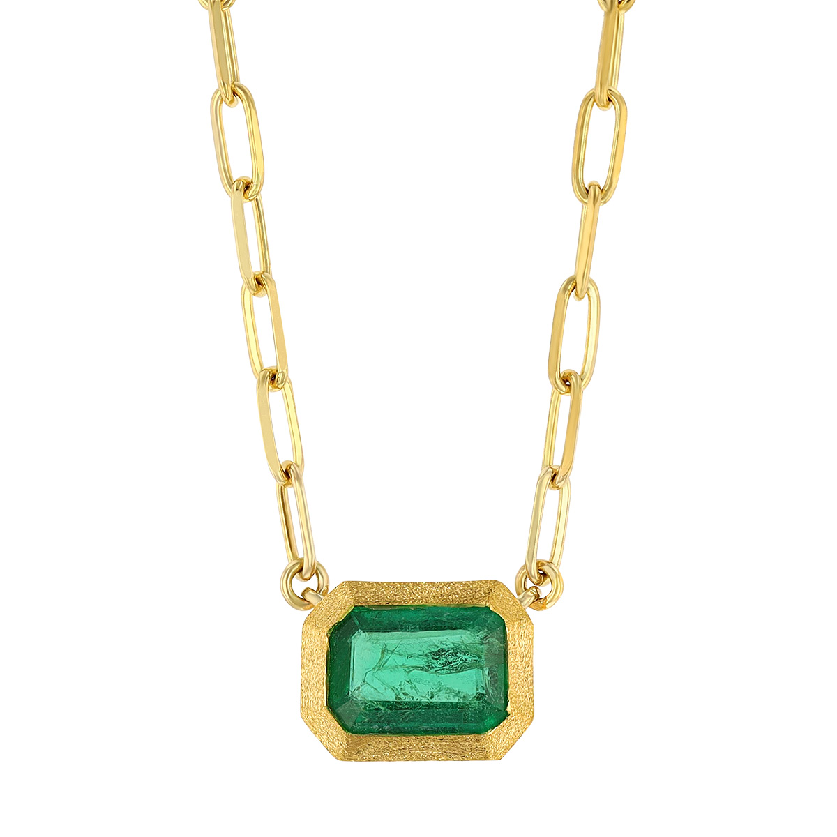 Emerald Cut Emerald Bezel Set Pendant in Yellow Gold, 18