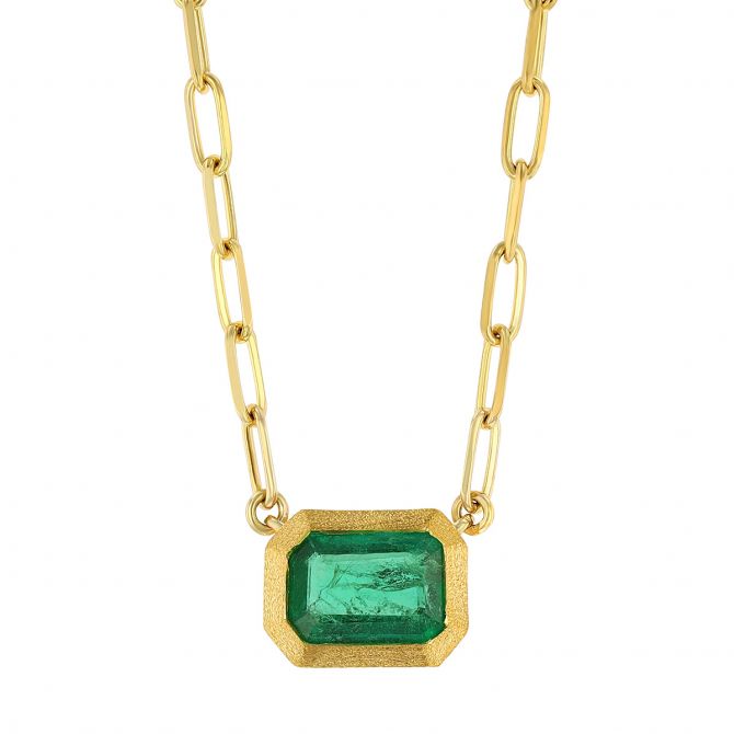 Emerald Cut Emerald Bezel Set Pendant in Yellow Gold, 18"