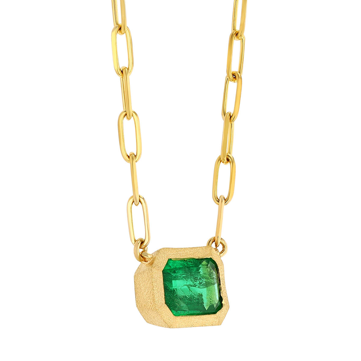 Emerald Cut Emerald Bezel Set Pendant in Yellow Gold, 18