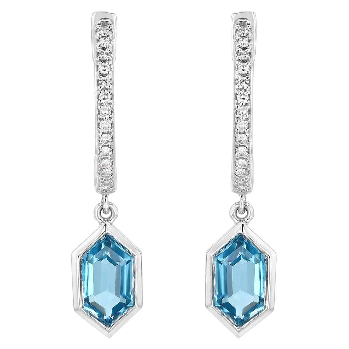 Hexagon Topaz Bezel Set Dangle Diamond Hoop Earrings in White Gold