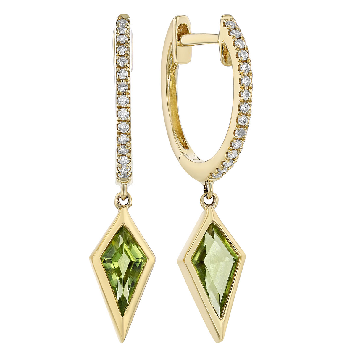 Kite Shaped Peridot & Diamond Dangle Hoop Earrings in Yellow Gold