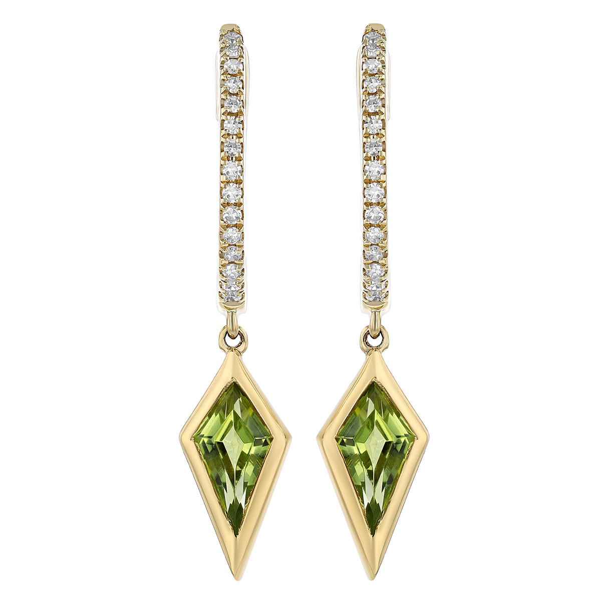 Kite Shaped Peridot & Diamond Dangle Hoop Earrings in Yellow Gold
