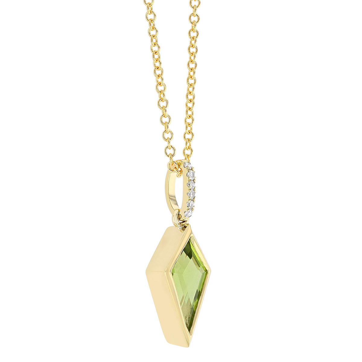 Kite Shaped Peridot Bezel Set Pendant in Yellow Gold