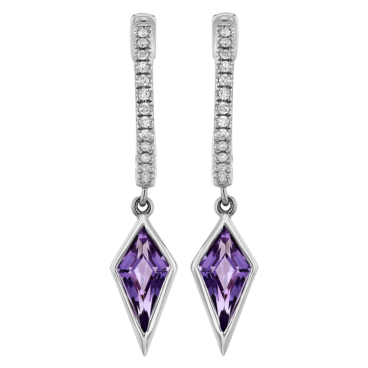 Kite Shaped Amethyst & Diamond Dangle Hoop Earrings in White Gold