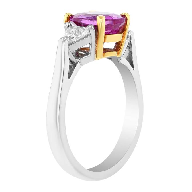 Round Pink Sapphire & Trillion Cut Diamond Side Stone Ring in Platinum & Yellow Gold