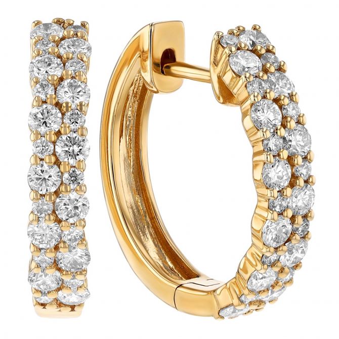 Diamond Alternating Size Double Row Hoop Earrings in Yellow Gold
