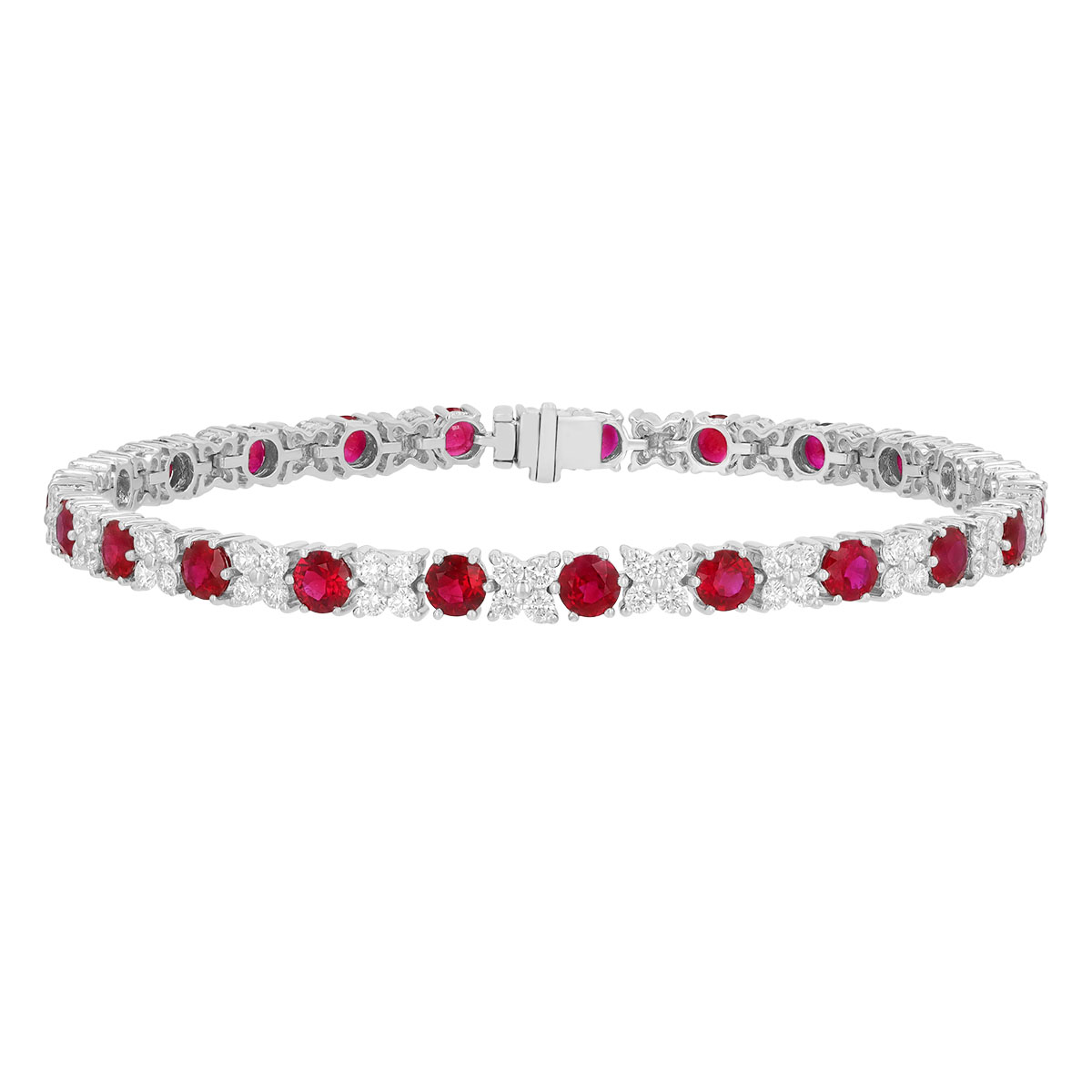 Round Ruby & Diamond Cluster Tennis Bracelet in White Gold, 7