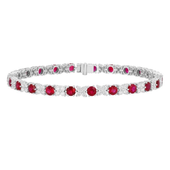 Round Ruby & Diamond Cluster Tennis Bracelet in White Gold, 7"