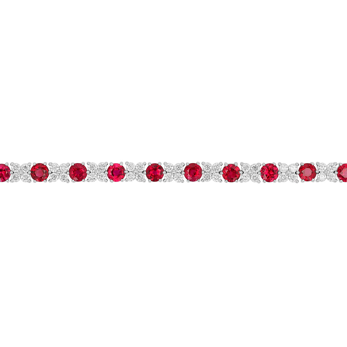 Round Ruby & Diamond Cluster Tennis Bracelet in White Gold, 7