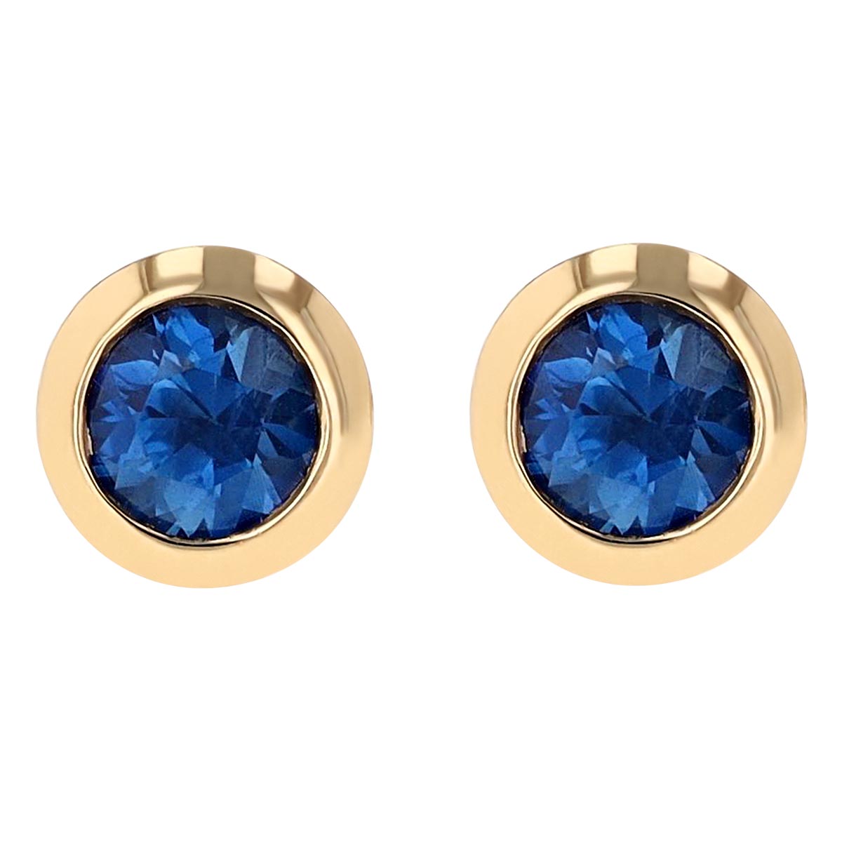 Round Sapphire Bezel Set Stud Earrings in Yellow Gold