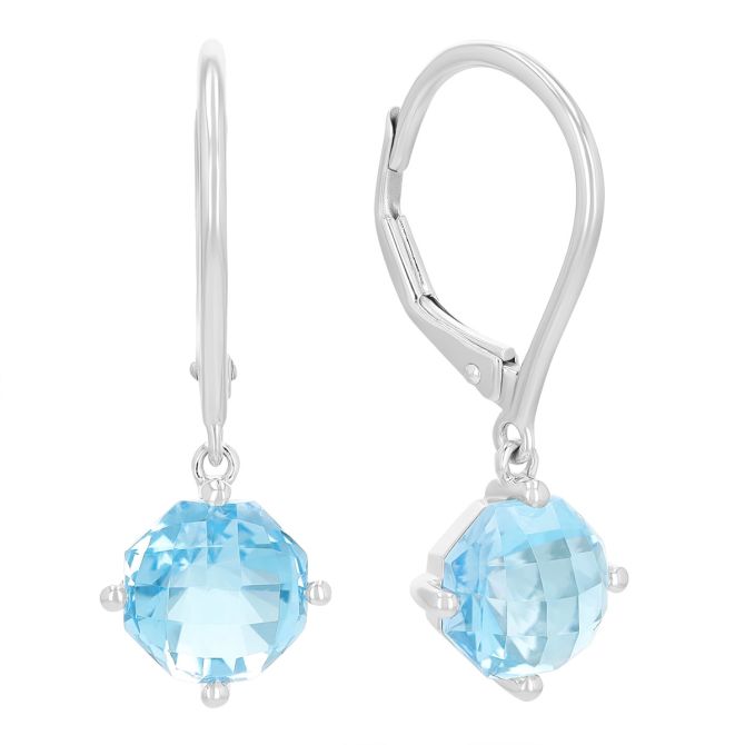 Checkerboard Light Blue Topaz Dangle Hoop Earrings in White Gold