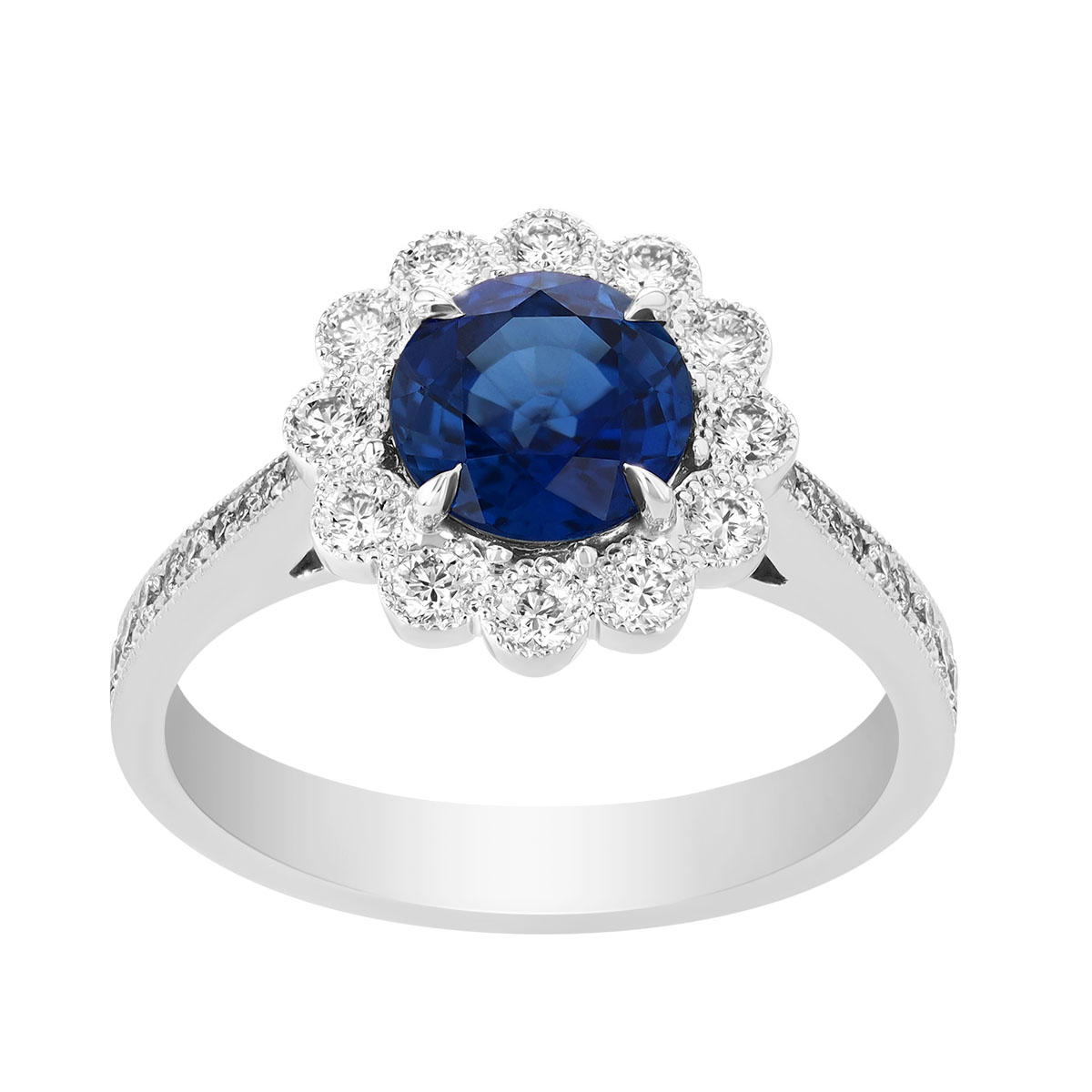 Rahaminov Round Sapphire & Scalloped Diamond Halo Ring in White Gold