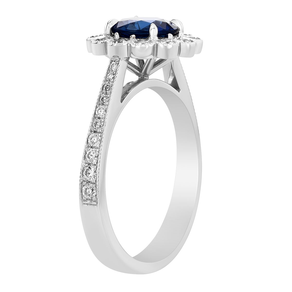 Rahaminov Round Sapphire & Scalloped Diamond Halo Ring in White Gold