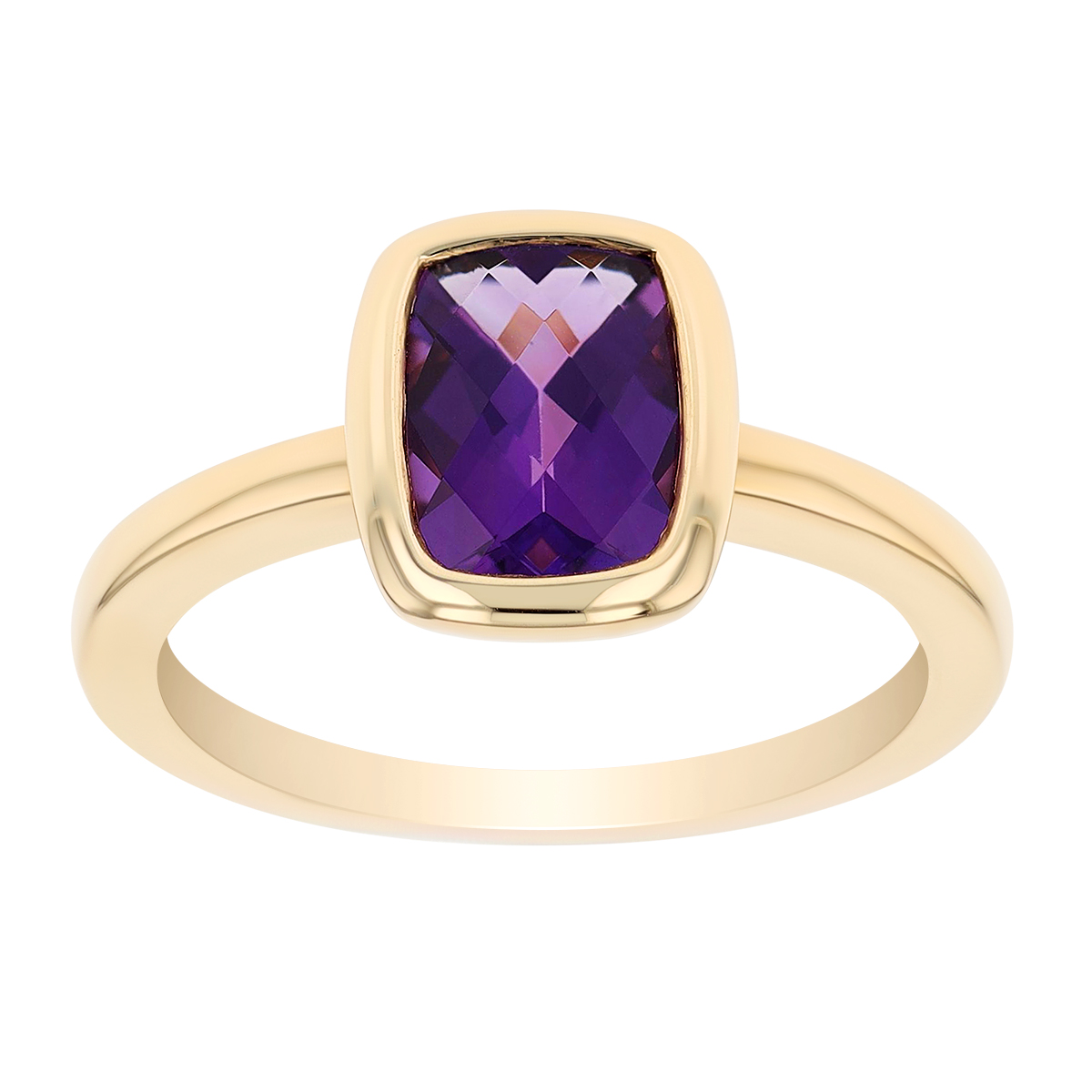 Cushion Cut Amethyst Bezel Set Ring in Yellow Gold