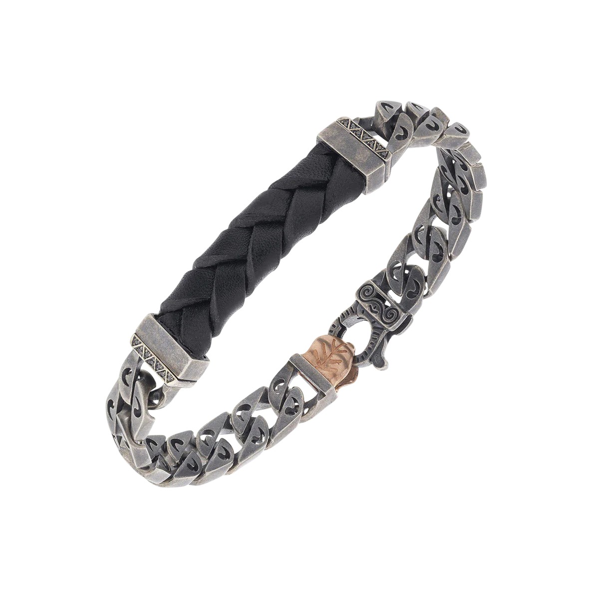 Marco Dal Maso Flaming Tongue Oxidized Sterling Silver & Black Leather Bracelet with Black Diamonds,