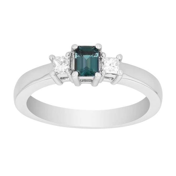 Emerald Cut Alexandrite & Princess Cut Diamond 3 Stone Ring in White Gold