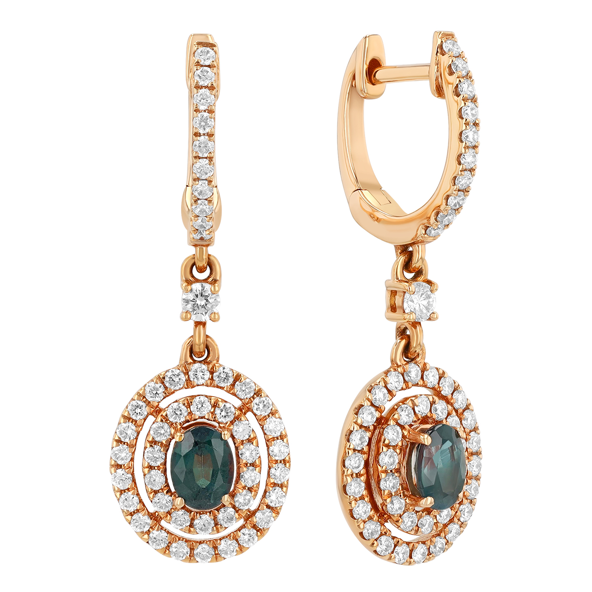 Oval Alexandrite & Diamond Double Halo Dangle Earrings in Rose Gold
