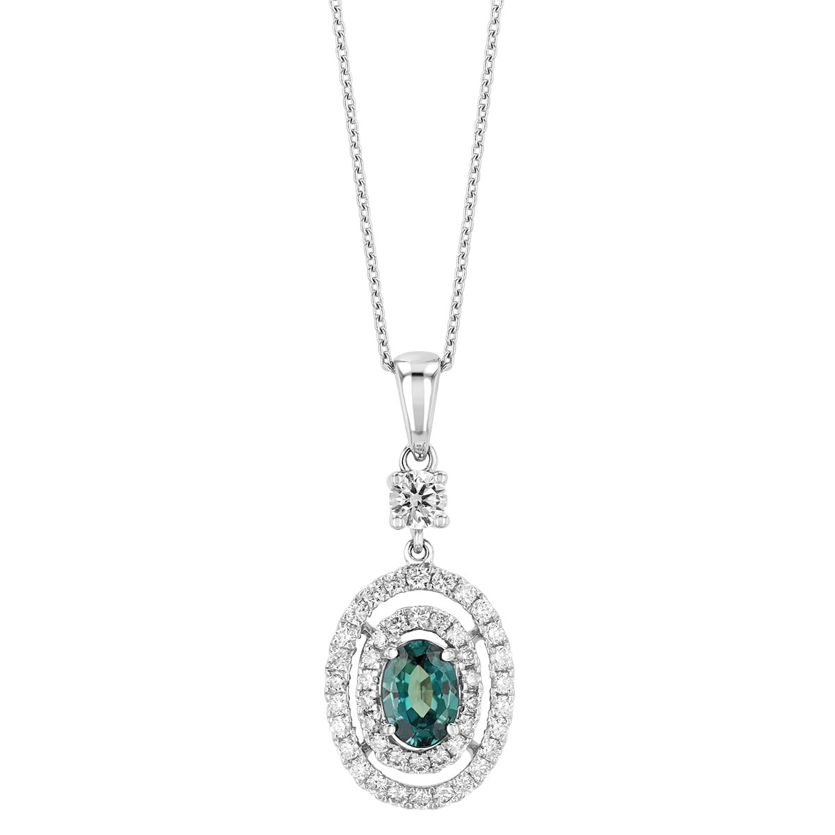 Oval Alexandrite & Diamond Double Halo Pendant in White Gold