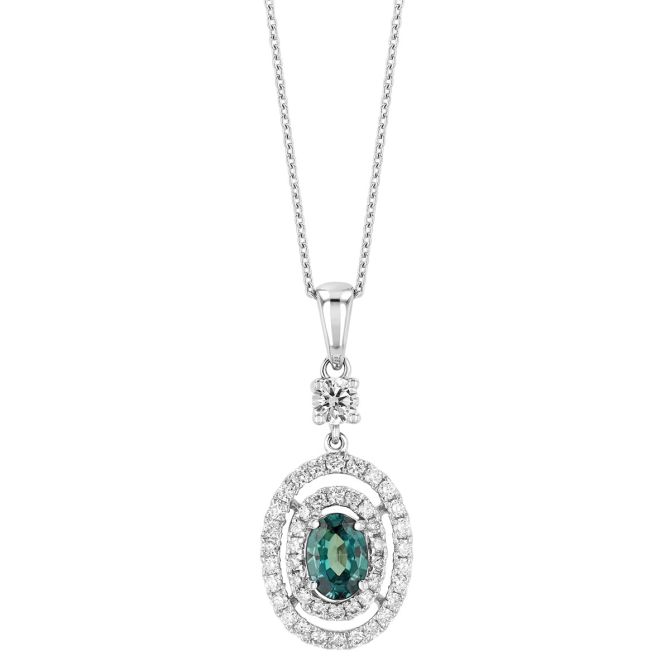Oval Alexandrite & Diamond Double Halo Pendant in White Gold
