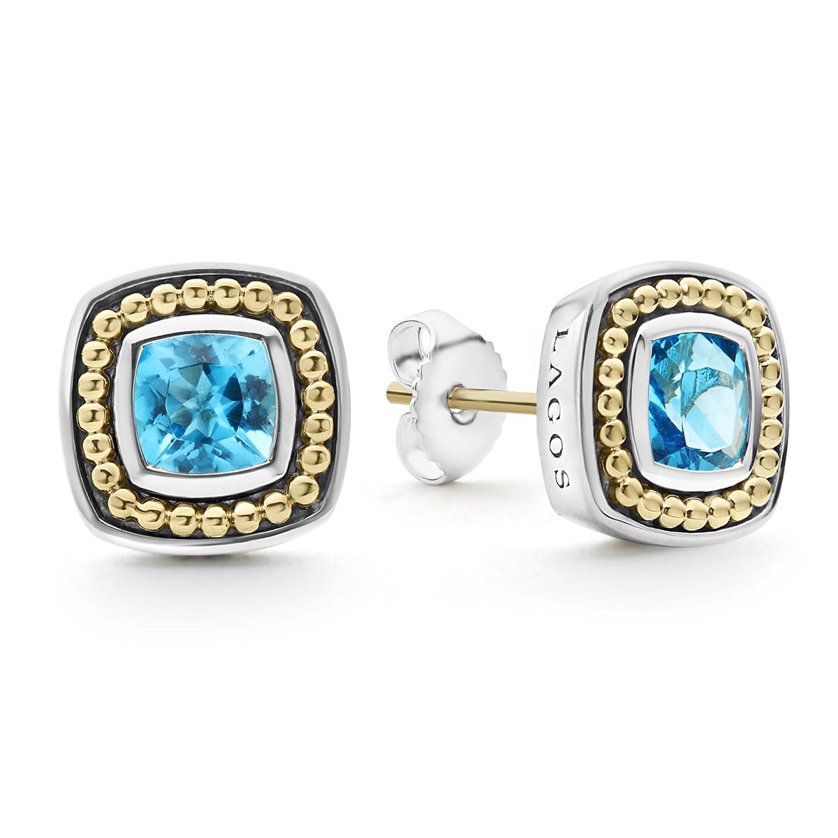 LAGOS Caviar Color Swiss Blue Topaz Stud Earrings in Sterling Silver & Yellow Gold