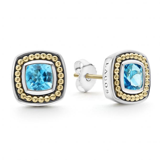 LAGOS Caviar Color Swiss Blue Topaz Stud Earrings in Sterling Silver & Yellow Gold