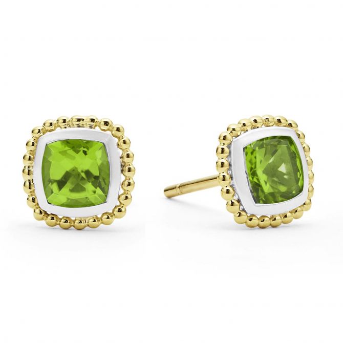 Lagos Caviar Cushion Peridot Stud Earrings in Yellow Gold & Sterling Silver