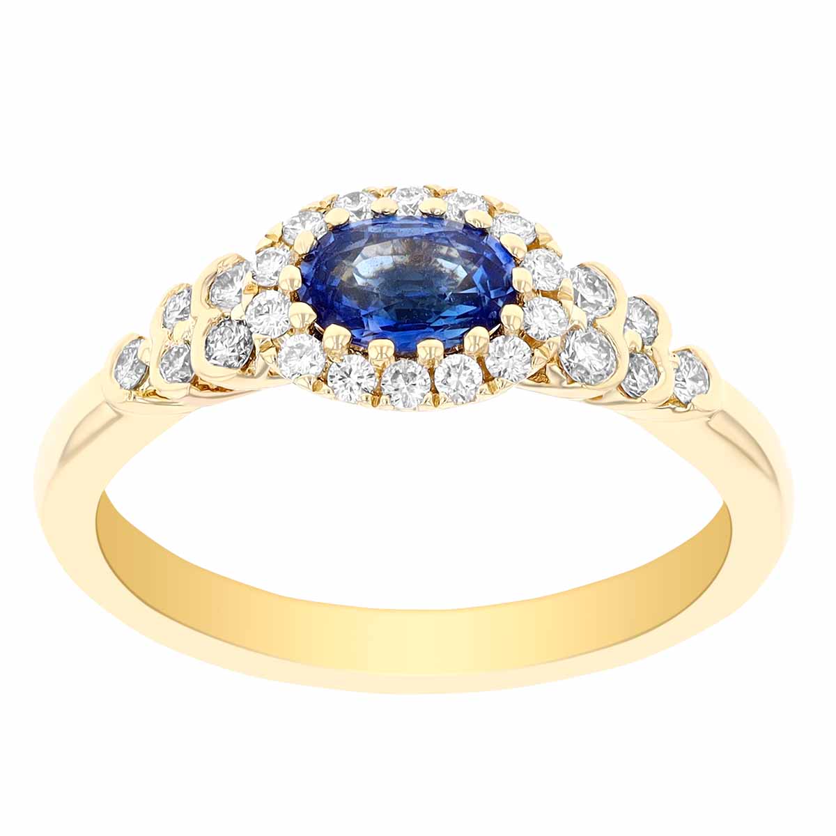 Oval Sapphire Diamond Halo & Cluster Side Stone Ring in Yellow Gold