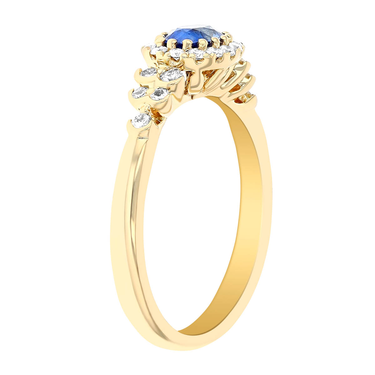 Oval Sapphire Diamond Halo & Cluster Side Stone Ring in Yellow Gold