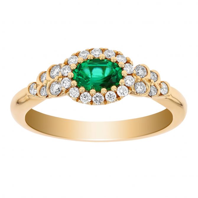 Oval Emerald Diamond Halo & Cluster Side Stone Ring in Yellow Gold